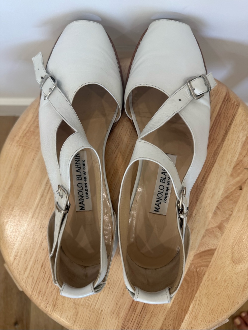 Vintage Manolo Blahnik White Leather Buckle Slingback Flats